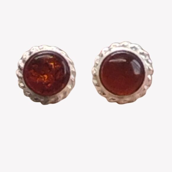 Sterling Silver Round Baltic Amber Stud Earrings w/ Twisted Rope Edge 1/3" - Picture 3 of 6